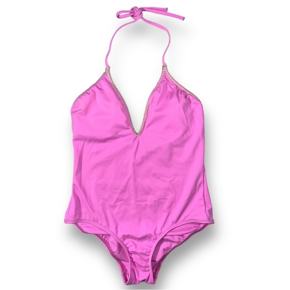 VICTORIAS SECRET Hot Pink Halter One Piece Exposed Stitch Plunge V-Neck S - Picture 1 of 5